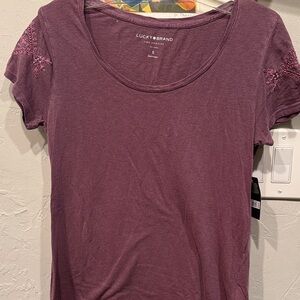 Lucky Brand Plum Short Sleeve Scoop Neck Tee with Embroidered Shoulders